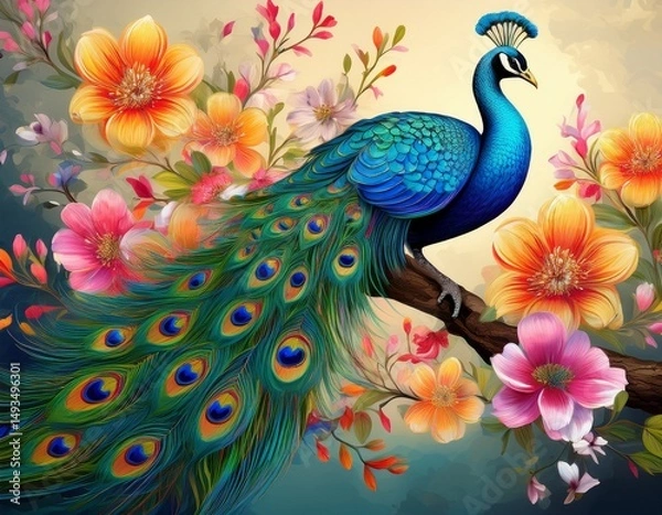Fototapeta peacock on branch with colorful flowers 3d wallpaper mural background digital art