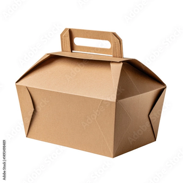 Fototapeta Plain brown cardboard takeout food carton container with handle for food packaging and delivery, recyclable eco-friendly paperboard box for take-home meals