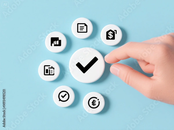 Fototapeta Quality control and certification process concept. A hand places wooden block with checkmark icon in step-by-step symbolizing process of document review, checklist, approval, and quality certificate.
