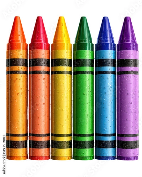 Fototapeta Six colorful crayons in orange red yellow green blue purple arranged in a row with water droplets on a white background for artistic creative drawing and colo tools