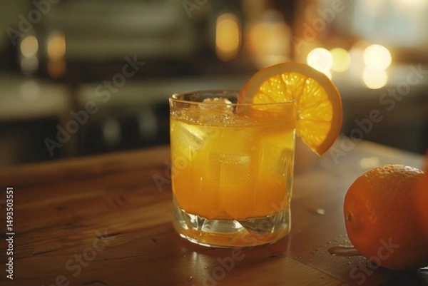 Fototapeta Glass of orange juice with ice and an orange slice on wood