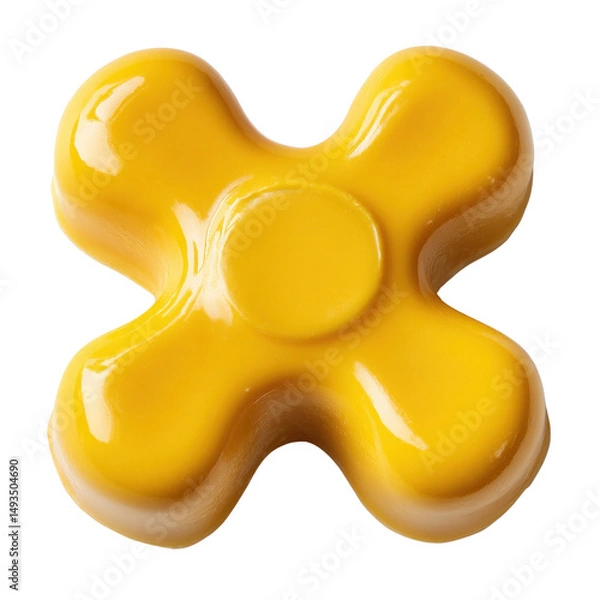 Fototapeta Close-up of a bright yellow plastic fidget spinner toy with smooth rounded edges and glossy surface isolated on a white background for stress relief and entertainment