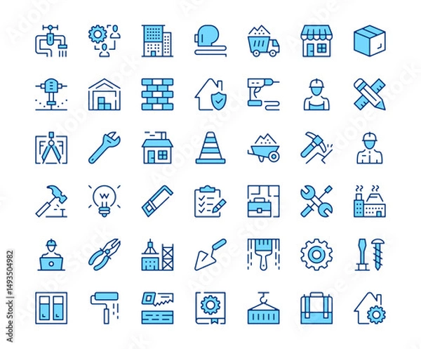 Fototapeta Construction icons. Vector line icon set. Modern outline design. Blue concept
