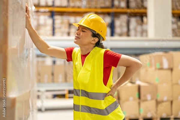 Fototapeta Warehouse worker leaning on pallet, holding her back in pain, indicating possible workplace injury.