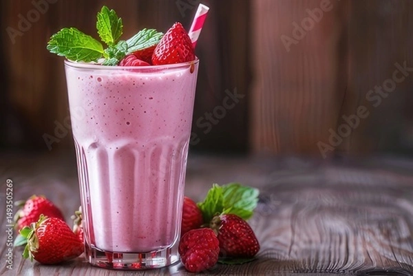 Fototapeta A strawberry milkshake with strawberries and mint on a table