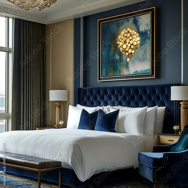 Fototapeta Modern luxury hotel room featuring refined color palette with elegant furnishings, including plush bed, stylish armchair, and decorative artwork, creating serene atmosphere