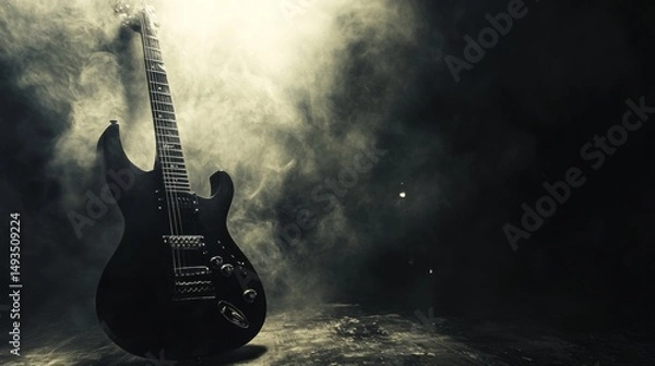 Obraz Electric guitar standing on dark foggy stage in moody rock music performance concept