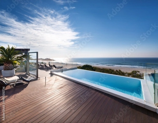 Fototapeta beachfront modern home with private pool sleek design and sea view balcony