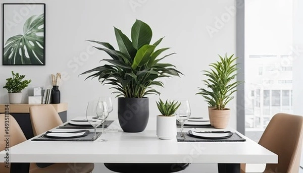 Obraz Modern Minimalist Dining Room Decor with Greenery