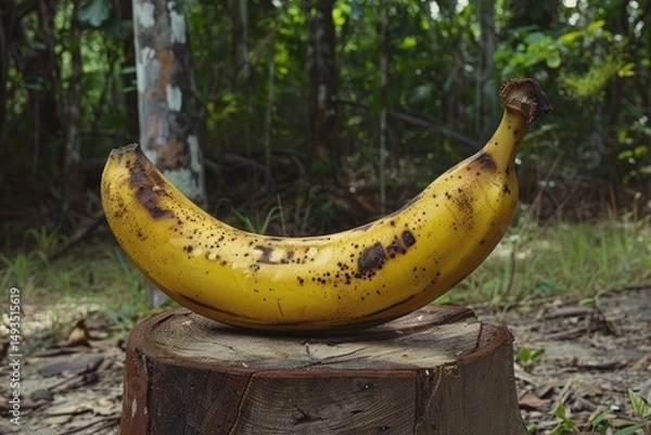 Fototapeta A ripe banana can be found perched on a wooden stump in the woods