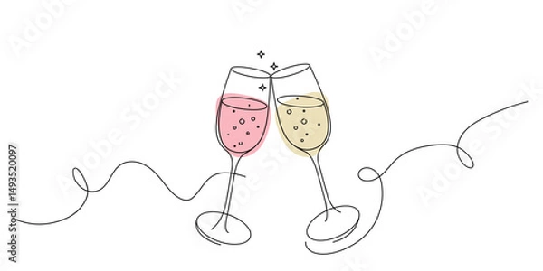 Fototapeta Continuous one line drawing of two champagne glasses. Illustration in simple linear style. Vector isolated on white background