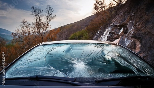 Fototapeta crack in the windshield due to rockfall
