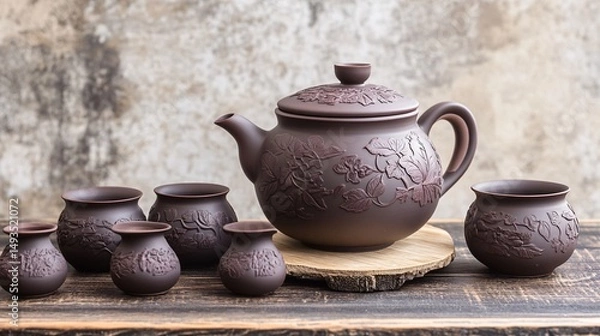 Fototapeta clay teapot and cups