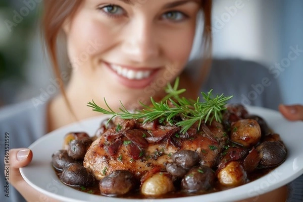 Obraz Woman smiling, holding plate of Coq au Vin, chicken wine stew, mushrooms, rich dark sauce. Concept of serving Coq au Vin, showcasing culinary delight and richness of flavors.