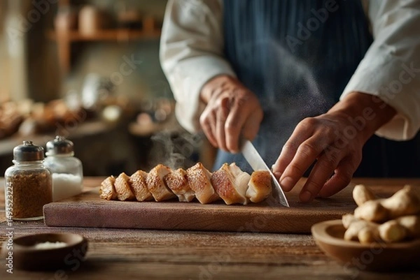 Obraz Close-up of chef's hands cutting Dongjiang Salted Chicken, poached salted chicken, on wooden cutting board in cozy kitchen. Concept of mastering Dongjiang Salted Chicken preparation.