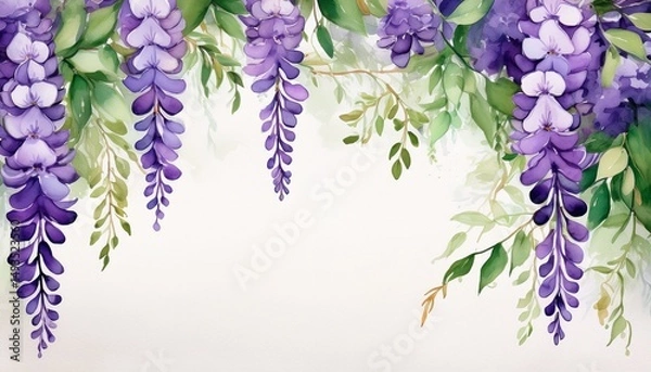 Fototapeta delicate watercolor rendering of purple wisteria clusters and verdant foliage framing white canvas with soft flowing botanical elegance