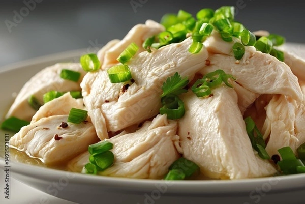 Obraz Close-up of Dongjiang Salted Chicken, poached salted chicken garnished with chopped green onions in modern bowl. Concept of soft lighting highlighting Dongjiang Salted Chicken texture.