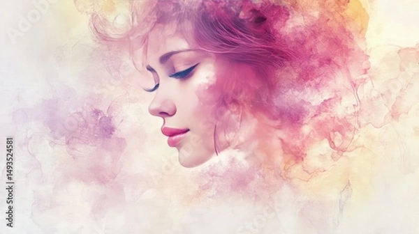 Obraz Watercolor portrait of a beautiful woman with pink hair and soft tones