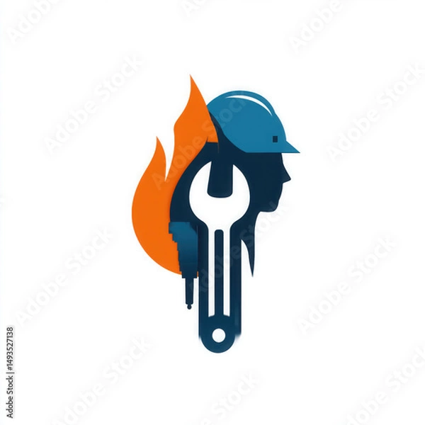 Fototapeta Construction Worker Icon with Tools and Fire: Professional Services in Industrial Design and Safety Featuring Blue Helmet Silhouette and Teamwork Graphics