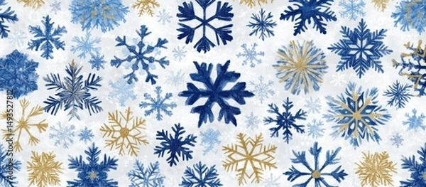 Fototapeta Festive snowfall backdrop with blue and gold snowflakes on snowy surface