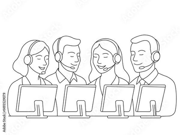 Fototapeta Call center customer service hotline operators. flat vector linear illustration isolated on white background