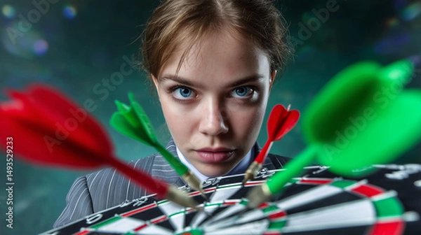 Obraz A businesswoman surrounded by darts. Business target concept.