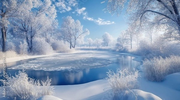 Fototapeta Serene winter landscape with snow-covered trees and a partially frozen lake