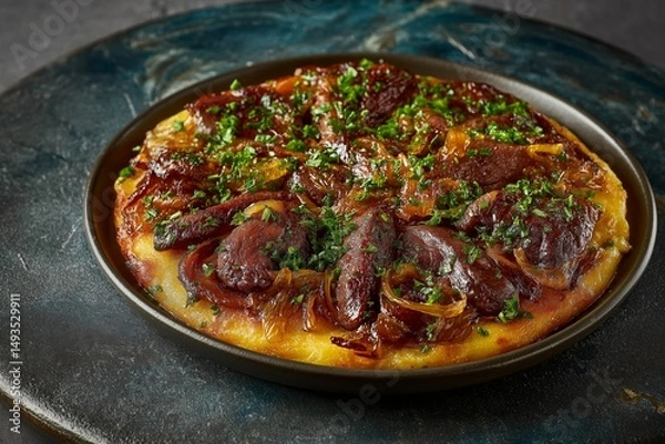 Obraz Plate featuring Fegato alla Veneziana, liver with onions, garnished with parsley, rich brown sauce. Concept of Fegato alla Veneziana, showcasing textures, warm colors.