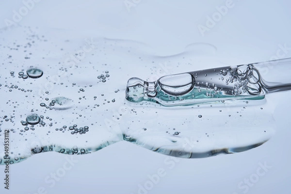 Fototapeta Pipette with a drop of hyaluronic serum on a blue background.