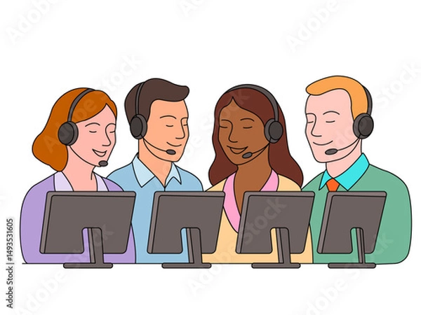 Fototapeta Call center customer service hotline operators. flat vector linear illustration isolated on white background
