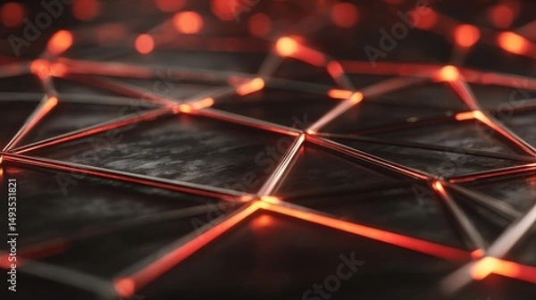 Fototapeta Red Neon Lines on Dark Triangular Grid: Abstract Tech Background