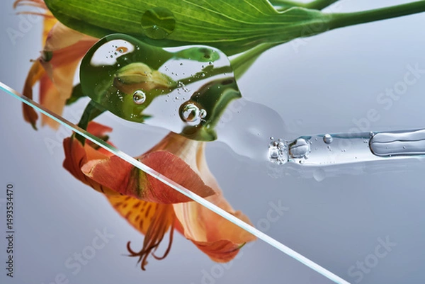 Fototapeta A pipette with a beautiful drop of serum on a background of lily flowers.