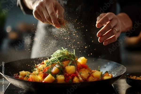 Obraz Close-up of chef's hands pouring sesame seeds into wok filled with colorful vegetables, creating Khao Pad Sapparod, pineapple fried rice. Concept of Khao Pad Sapparod emphasizes culinary skill.