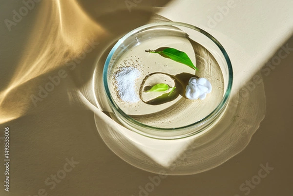 Fototapeta Various cosmetics in a petri dish on a beige background.