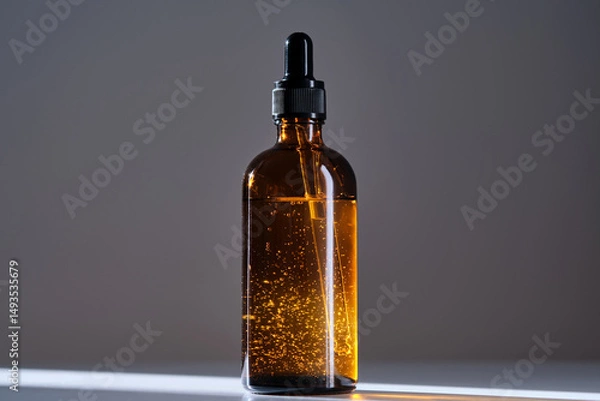 Fototapeta A bottle of serum made of brown glass on a white background with stripe of light.