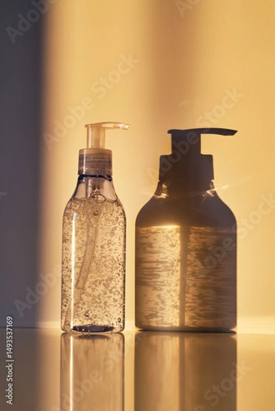 Fototapeta A tube of cosmetic gel or shower gel in the rays of the setting sun.