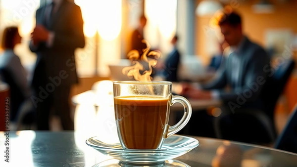 Fototapeta Cup of coffee with steam stands on break in office against background of workers