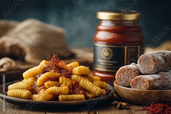 Obraz Malloreddus alla Campidanese, Sardinian gnocchi with sausage, served on wooden table alongside jar of tomato sauce. Concept of warmth and comfort featuring Malloreddus alla Campidanese.