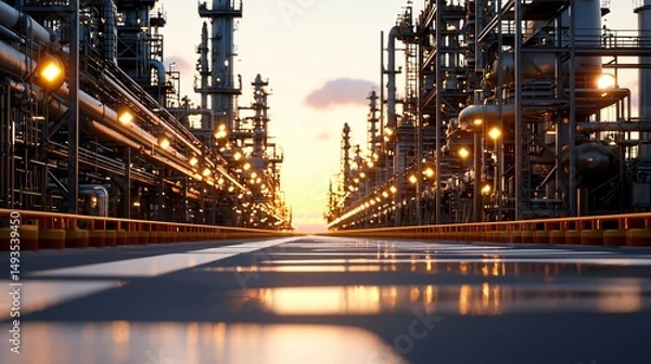 Obraz early morning gas refinery station with mist layer, distant tanks visible, clean ground level, symmetrical structures, realistic soft light