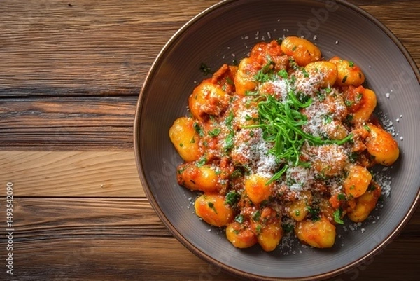 Obraz Malloreddus alla Campidanese, Sardinian gnocchi with sausage on wooden plate, garnished with fresh arugula. Concept of warmth, inviting atmosphere, Malloreddus alla Campidanese.