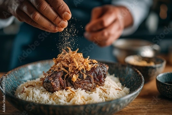 Obraz Mandi, a bowl of flavorful Yemeni smoked lamb and rice dish garnished with crispy onions. Concept of Mandi emphasizes warmth and texture of delicious food.