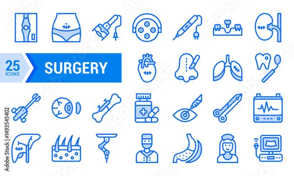 Obraz A Set of 25 Blue Lineal Surgery Icons for Medical Design.