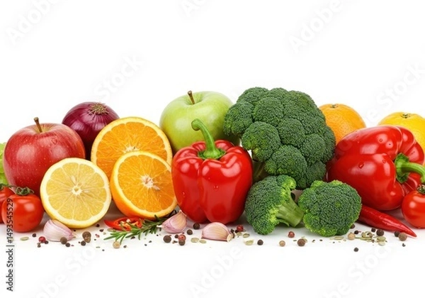 Fototapeta Fresh fruits and vegetables isolated on white background, healthy food