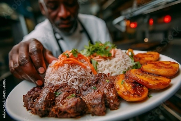 Obraz Chef's hand holding plate of Pabellon Criollo, shredded beef with rice and beans, bright modern kitchen background. Concept of culinary art featuring Pabellon Criollo.