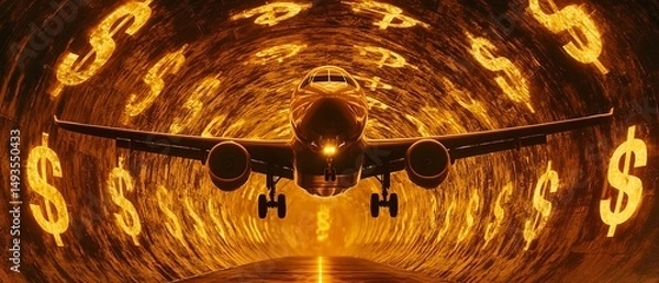 Fototapeta 3D metallic airplane flying through a tunnel made of golden dollar signs and ascending stock charts, symbolizing investment growth, high-tech futuristic style with vibrant neon lighting