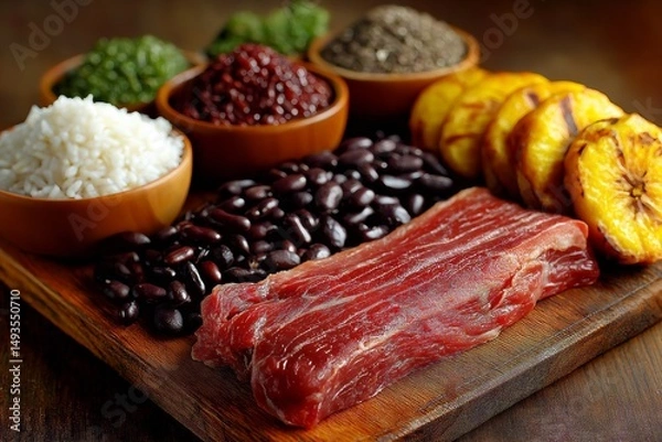 Obraz Plate of Pabellon Criollo, shredded beef with rice and beans, alongside colorful sides. Concept of Pabellon Criollo highlighting traditional Venezuelan dish with vibrant colors.