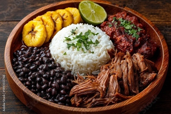 Obraz Pabellon Criollo with shredded beef with rice and beans served in wooden bowl. concept of Pabellon Criollo as vibrant, inviting meal on dark wooden table.