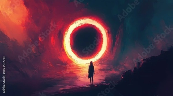 Obraz Woman standing before a glowing portal in a fiery landscape