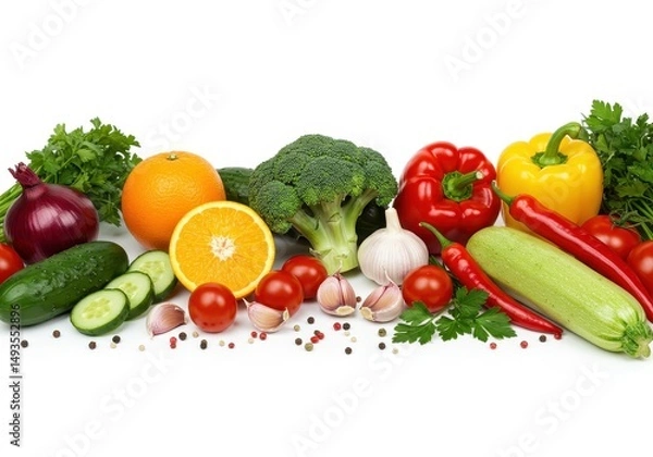 Fototapeta Assortment of fresh vegetables and fruits isolated on white background