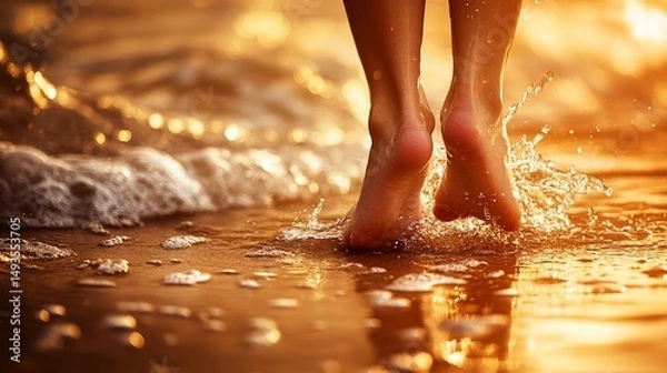 Fototapeta Womans feet jumping ocean waves sunset.
